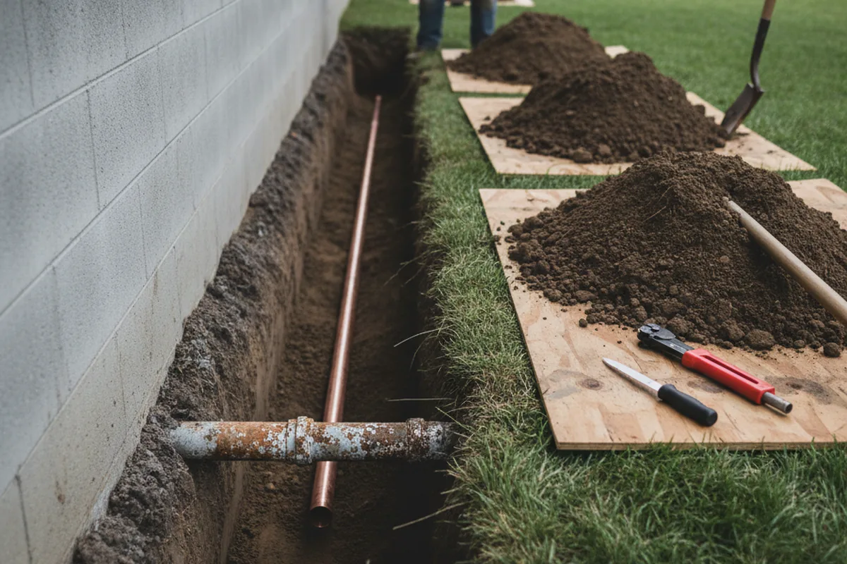 Excavated water line trench during Sewer Line Repair in New Douglas